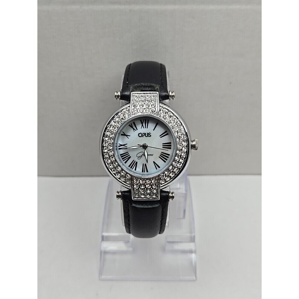 Opus Glamorous Womens Watch MOP 36mm Pave Crystal Black Leather New Battery